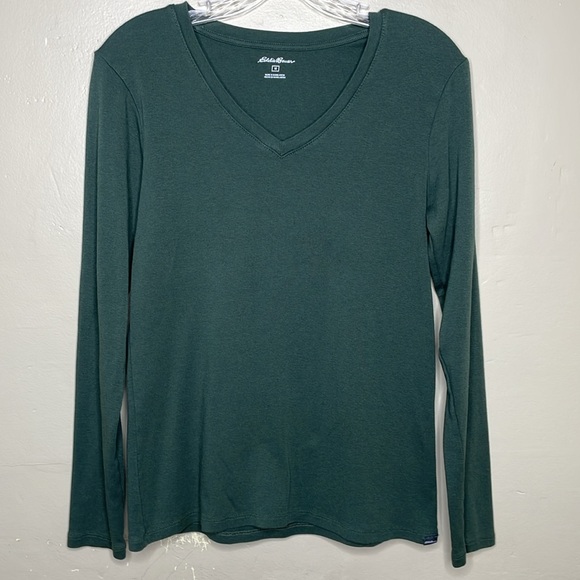 EDDIE BAUER Long Sleeve Tee Shirt Green V Neck Popover Stretchy Comfy Casual Med - Picture 1 of 8